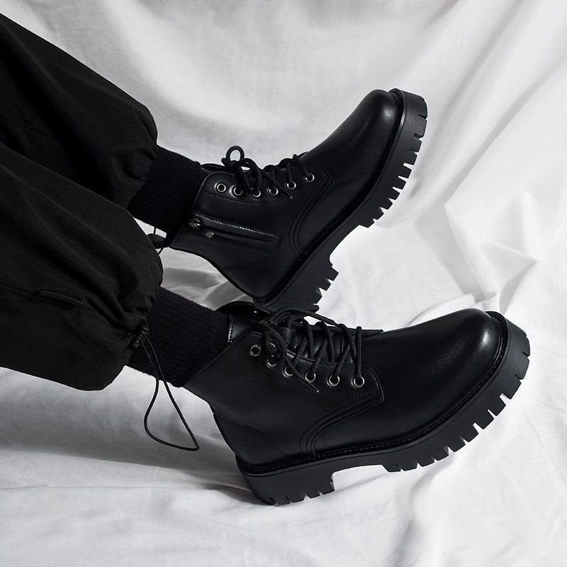 Men's High-top Side Zipper Leather Shoes Black Mid-Top Increased By Worker Boot